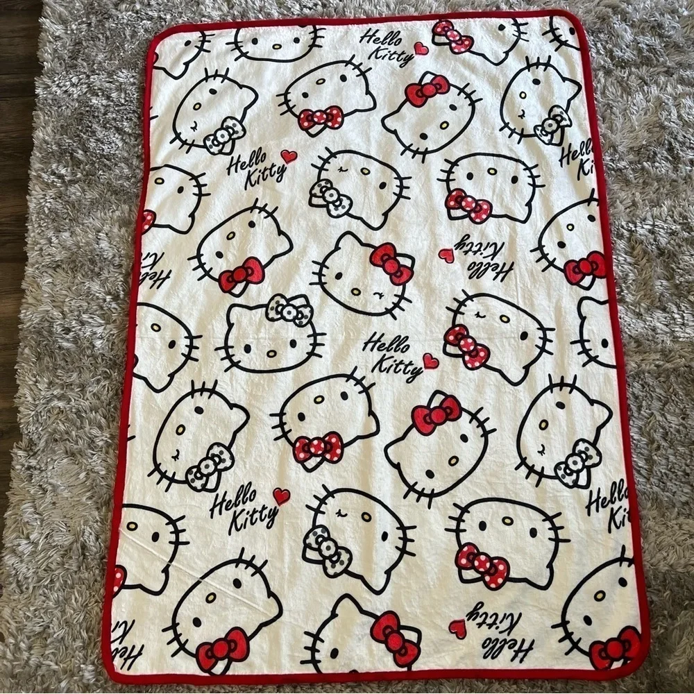 New Sanrio Hello Kitty Bows & Winks White Red Sherpa Throw Fleece Blanket
